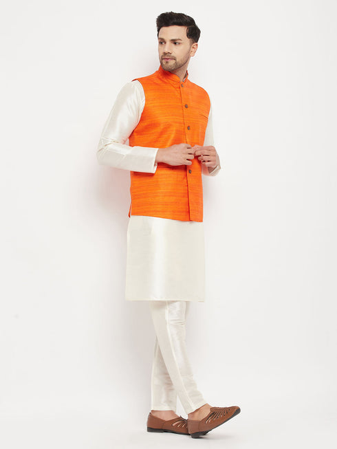 Vastramay Men's Orange Matka Silk Nehru Jacket With Kurta and Pant style Pyjama Set